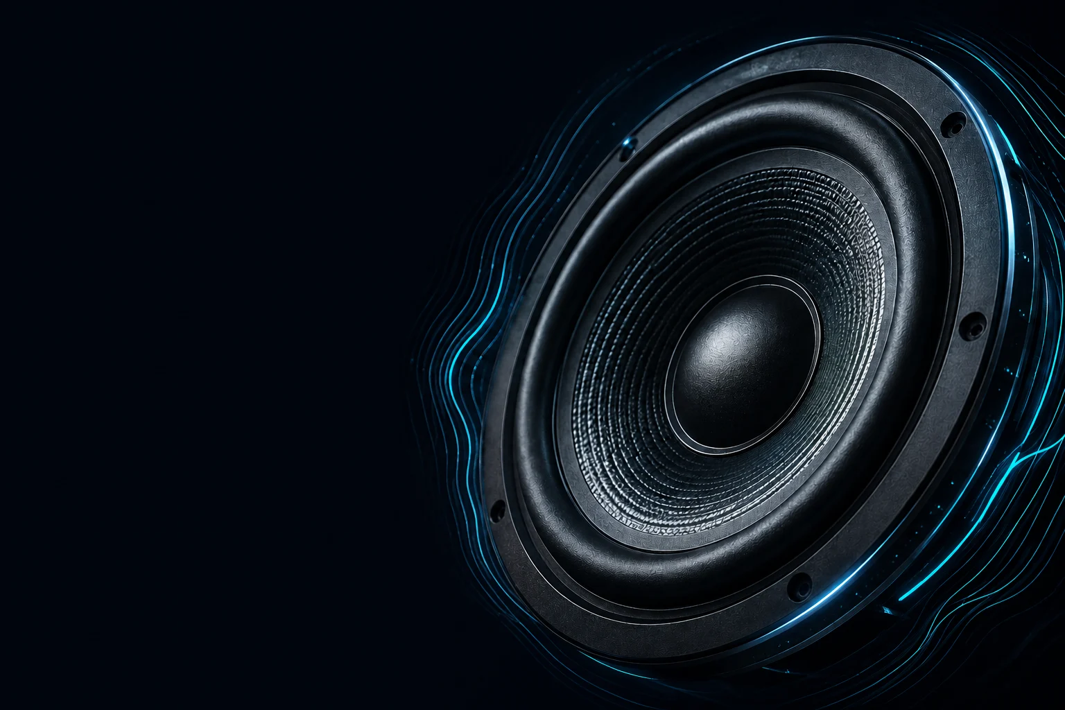 Illustrated black speaker cone with cyan acoustic traces