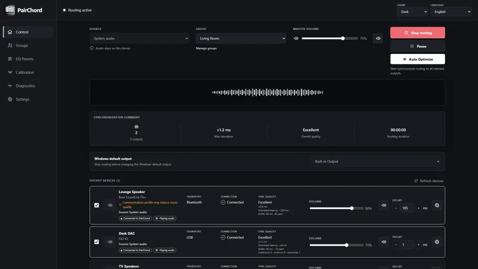 PairChord Control showing illustrative speaker selections and audio controls.