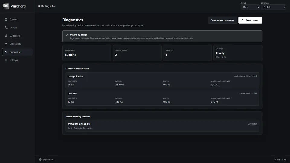 Diagnostics screen showing per-output health, latency estimates, buffer counters and recent session history.