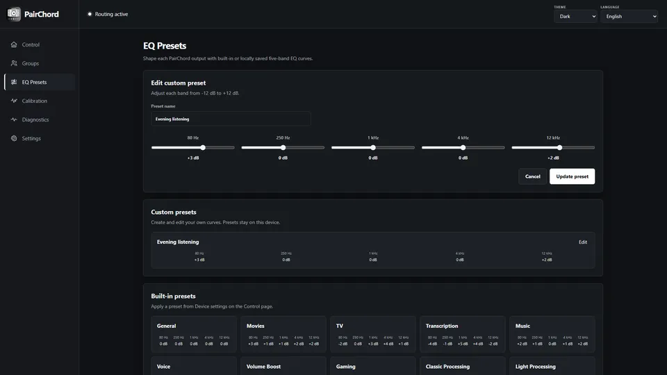 EQ Presets page with five-band custom preset editor, a saved Evening listening preset and built-in presets.