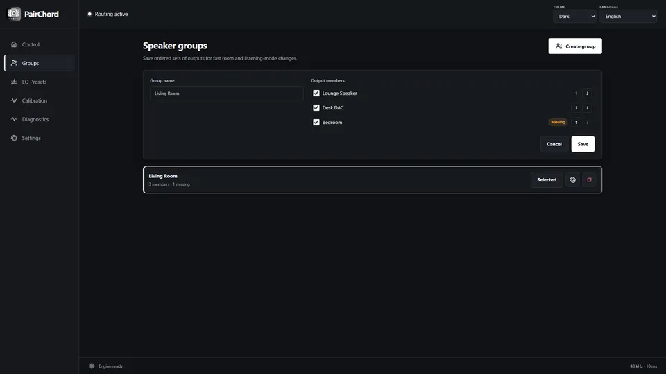Speaker groups with the Living Room editor, ordered output members and an unavailable Bedroom speaker.