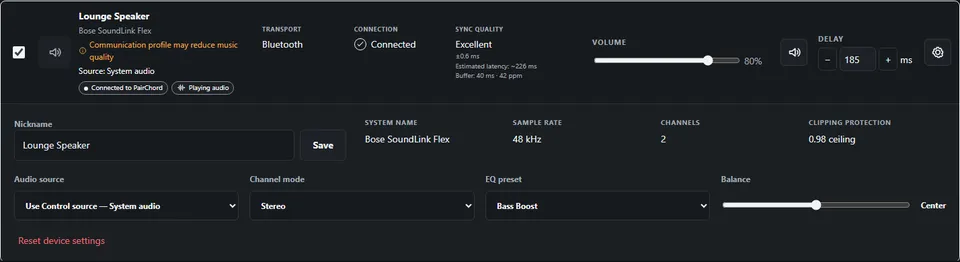 Expanded speaker settings with audio source, channel mode, EQ preset, balance and delay controls.