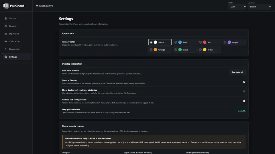 Settings with appearance colors, tutorial replay, Open at Startup and configuration restore options.