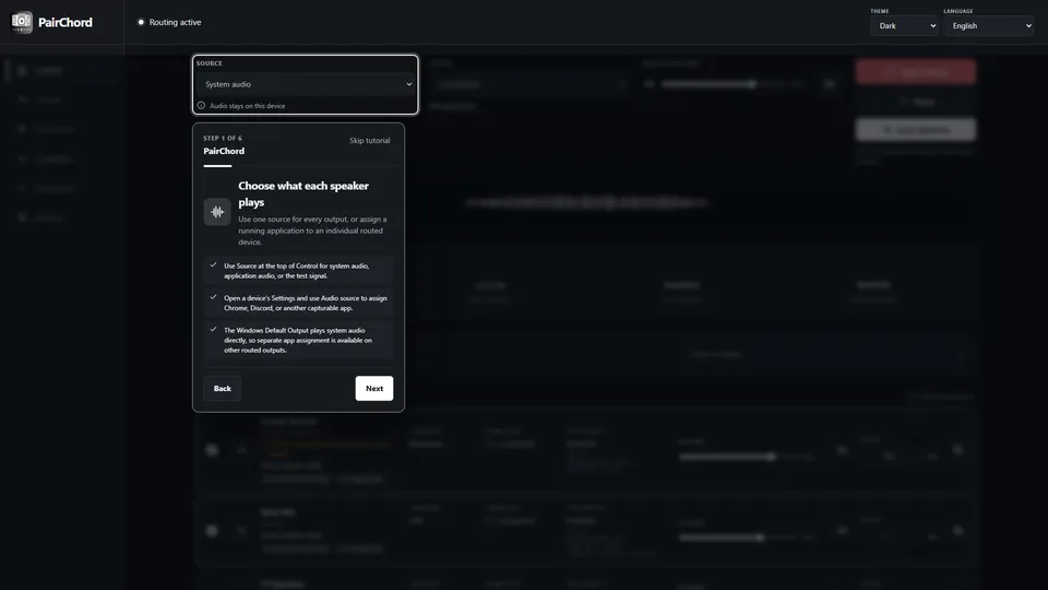 First-run walkthrough highlighting the Control source selector with Next and Skip tutorial buttons.